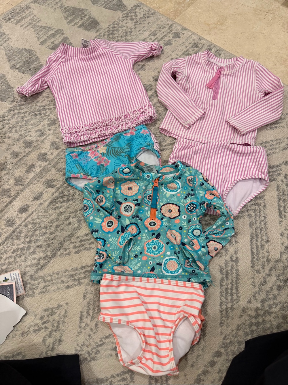 Ruffle Butts Pink Stripe and Teal Floral Mix Kids Swim Set
